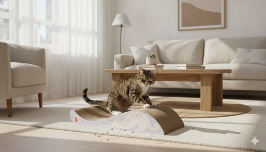 Rascador de cartón reciclado para gatos con diseño ecológico sobre piso de madera, gato tigrado usando el rascador